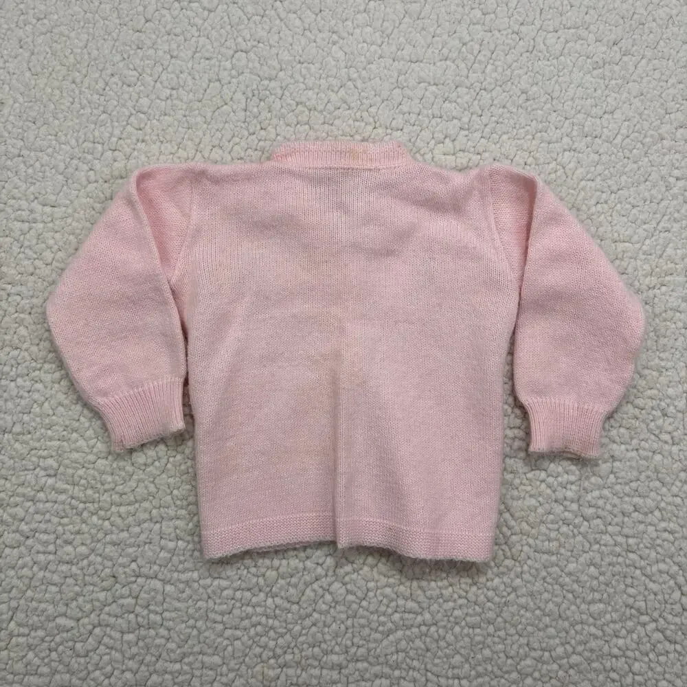 Vintage Hand Knit Pink Baby‎ Girls Toddler Cardigan Sweater Cable Poodle Dog